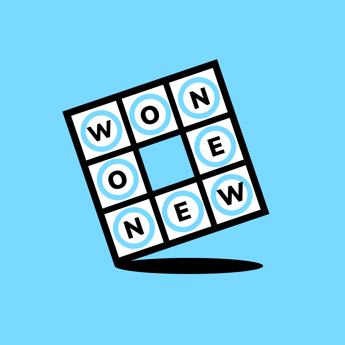 A Wordplete puzzle grid with the words WON, NEW and NOW circled